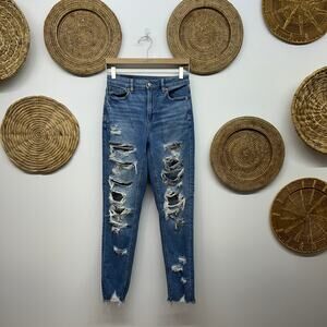AE American Eagle Distressed Mom Jean 0 Blue Denim High Waist High Rise